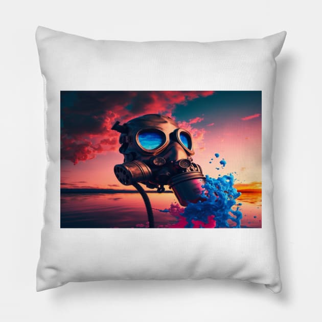 Cyberpunk Gasmask Artwork / Gasmask Splashing In Water Pillow by Unwind-Art-Work