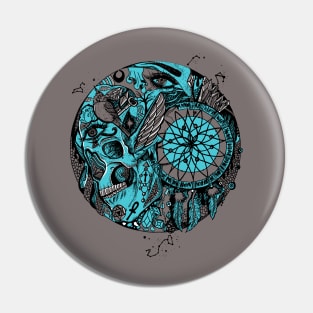 Blue Grey Skull and Dreamcatcher Circle Pin