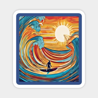 Surfer Riding the Waves in a Mesmerizing Sunlit Painting Magnet