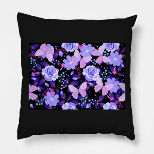 Purple Flora and Fauna Butterflies and Flowers on Black Pillow