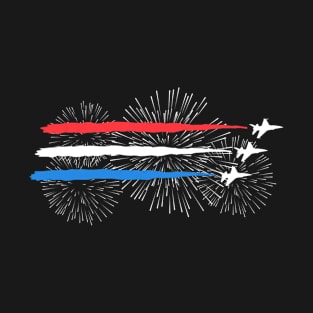 Red White and Blue Fighter Jets with Fireworks 4th of July T-Shirt