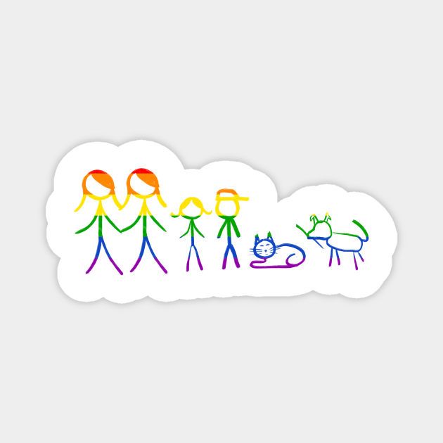 Lesbian family in rainbow colors, with children, cat and dog Magnet by WelshDesigns