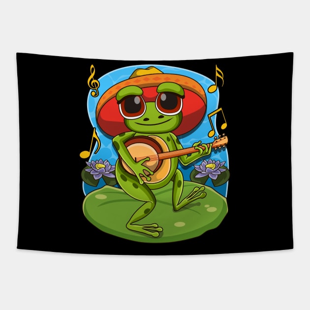 Frog Playing Banjo on Mushroom Cute Cottagecore Aesthetic Tapestry by aneisha