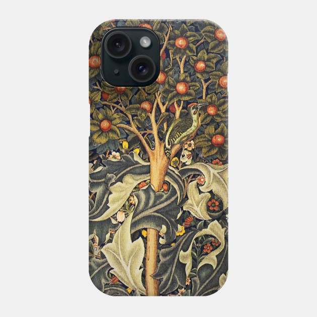 WOODPECKER IN A FRUIT TREE ,BIRDS, RABBITS,LEAVES,BLUE GREEN FLORAL Phone Case by BulganLumini