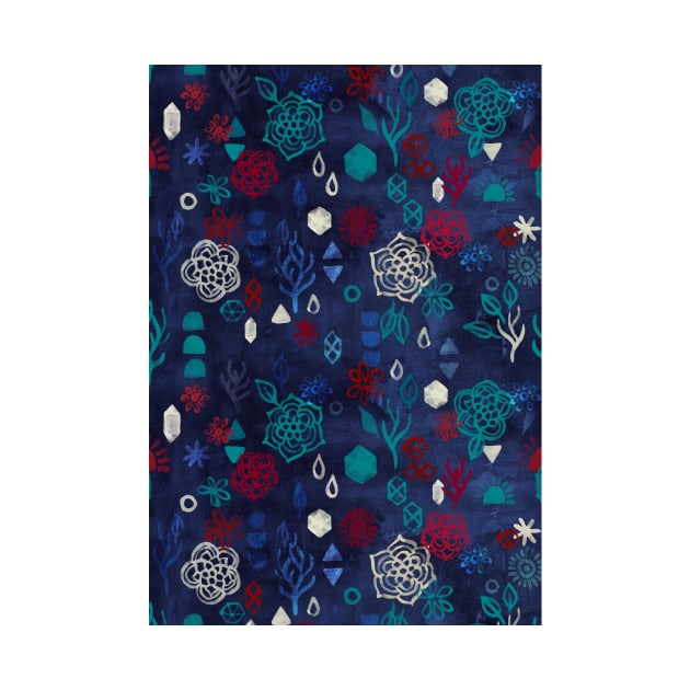 Elements - a watercolor pattern in red, cream & navy blue by micklyn