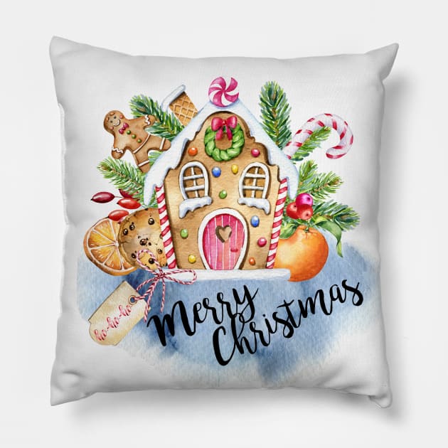Watercolor Christmas Gingerbread house Pillow by Simple Wishes Art