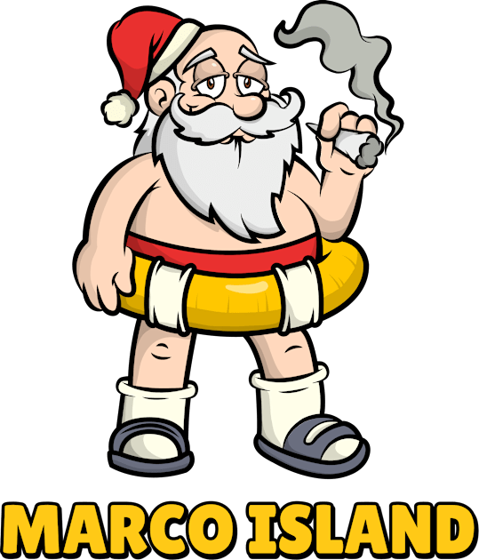 Marco Island Funny Lazy and Naked Santa Clause Smoking a Joint with a Swim Tube Around Him, Funny Christmas Gift Kids T-Shirt by AbsurdStore