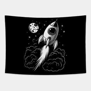 Black and White Rocket Flying into Space || To The Moon Tapestry