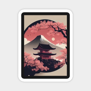 Serene Serenity: Minimal Japanese Temple, Cherry Blossoms and Mount Fiji Magnet