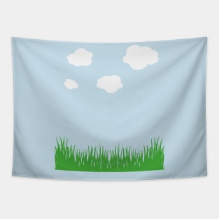 cloud and grass, white clouds green grass blue tee, sky t-shirt, blue sky cloud and grass, retro 8-bit clouds Tapestry