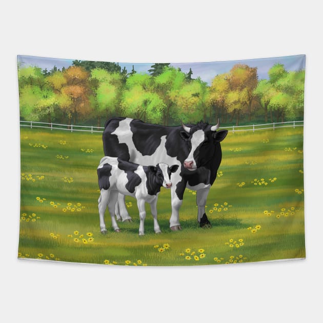 Holstein Friesian Cow and Cute Calf in Summer Pasture Tapestry by csforest