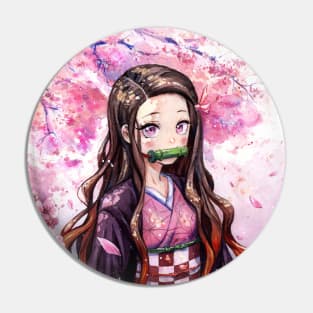 Watercolor Nezuko Under Sakura Tree- Demon Slayer Fanart Pin