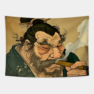 Puff Sumo Smoking a Cigar: "Nothing Bothers Me When I'm Smoking a Cigar" on a Dark Background Tapestry