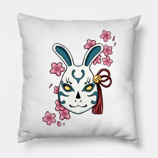 Blossoming Habits: A Cherry Blossom Japanese Mask Blue Pillow