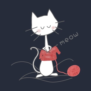 White Knitting Cat - Navy T-Shirt