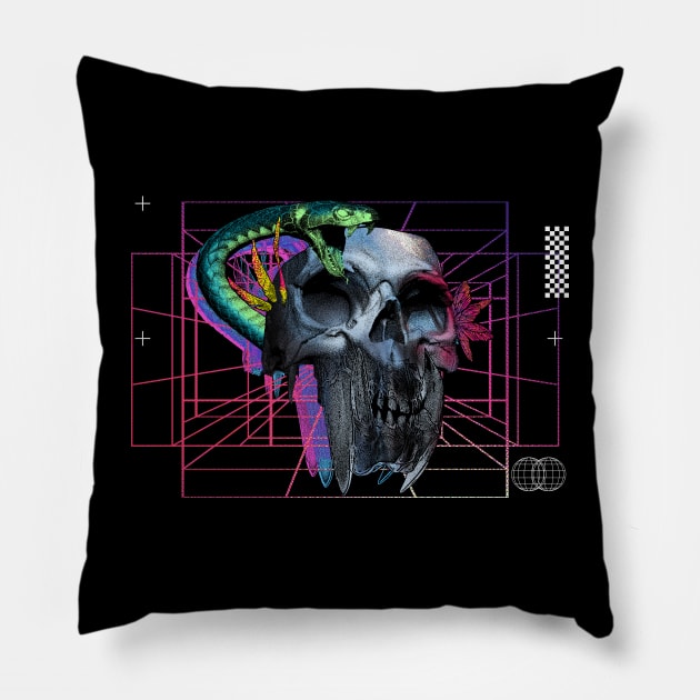 skull , snake,  fang, butterfly, flower, streetwear style Pillow by gambar_corek