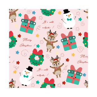 Cute deer and snowman with Christmas elements vector seamless pattern T-Shirt