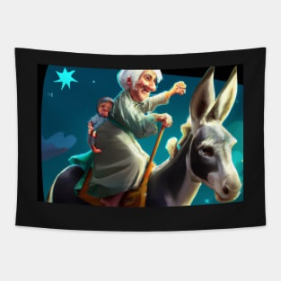 A white-haired woman with baby at her back on a donkey greeting card Tapestry