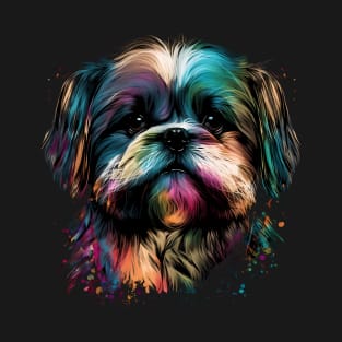 Shih Tzu Face Dog Art Funny Colorful Rainbow Color Black T-Shirt