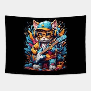 Colorful Guitar Playing Chibi Kitty Design Tapestry