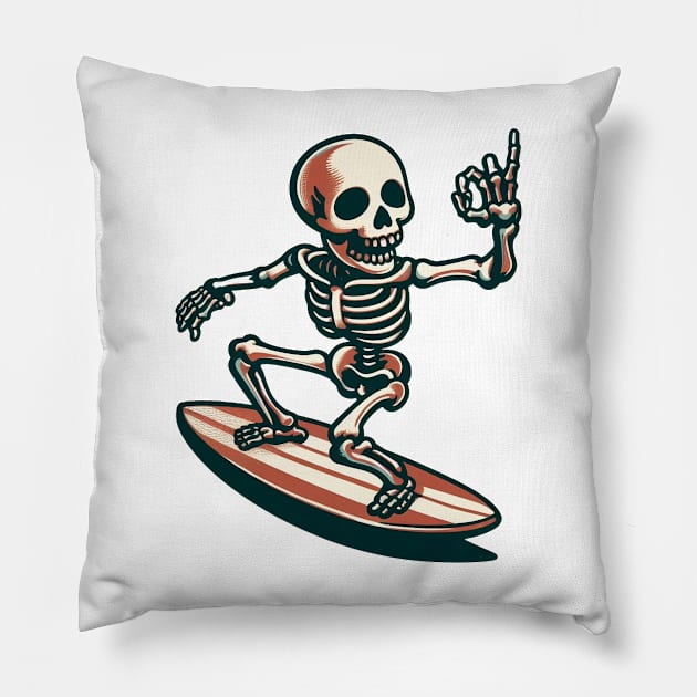 Surfing Skeleton 2 Pillow by OldSchoolRetro