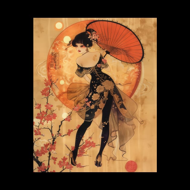 Japanese Geisha with Umbrella Illustration by Vlaa
