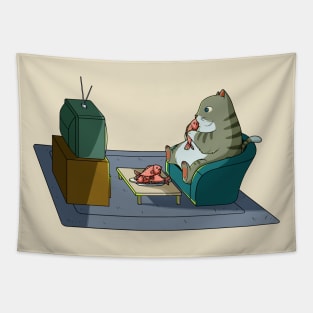 Cat eating fish and watching tv Tapestry