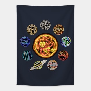 Electric Solar System Neon Sun and Planets Top Left Tapestry