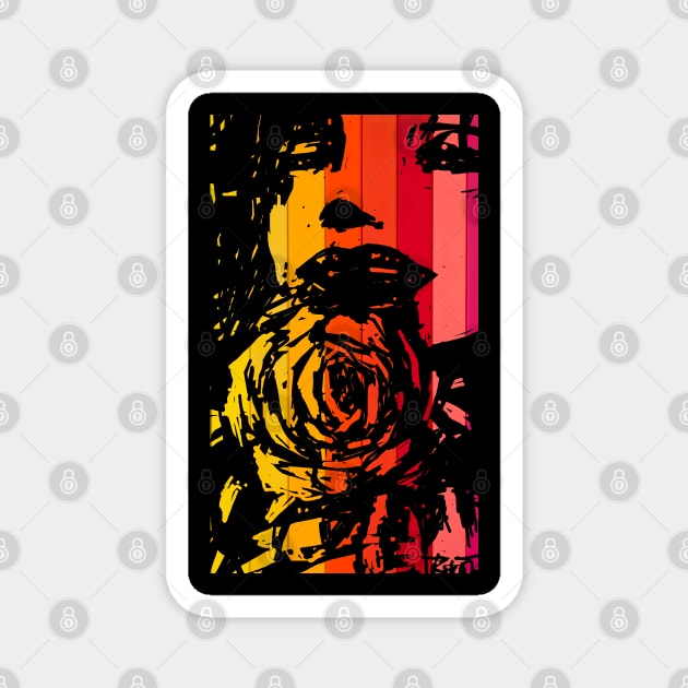 woman with rose in  retro warm color bars Magnet by artbleed
