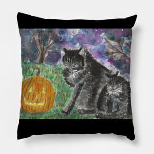 Halloween black cats Pumpkin Jack o lantern watercolor painting Pillow