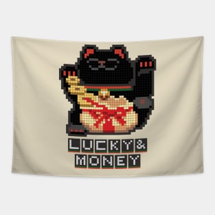 Kuro Maneki Neko Lucky & Money Japanese chubby black cat pixel art Tapestry