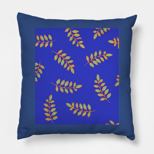 Leaf Print Pattern in speckled teal green, orange, royal blue Pillow by djrunnels