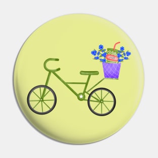 Cute green bicycle with milk and flowers basket Pin