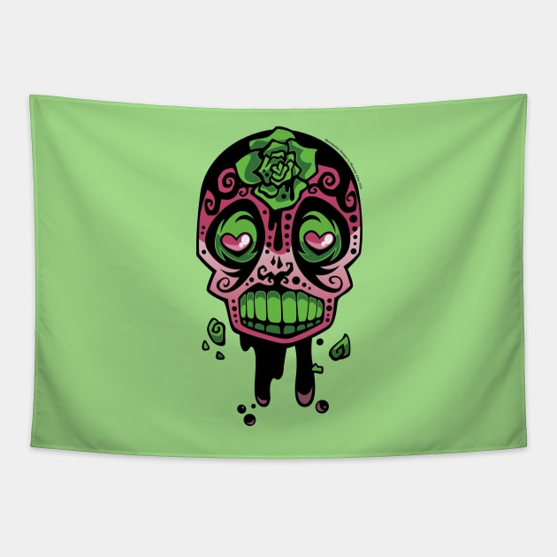 Pink and Green Ink-Rose Skull Tapestry by Shanimation