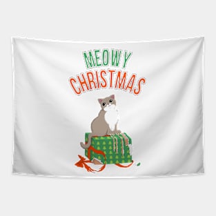 Meowy Christmas Cat Clawed Present Tapestry