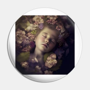 A Young Child Asleep in A Bed of Flowers Pin