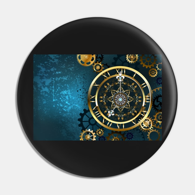 Golden Clock on Turquoise Background ( Steampunk ) Pin by Blackmoon9