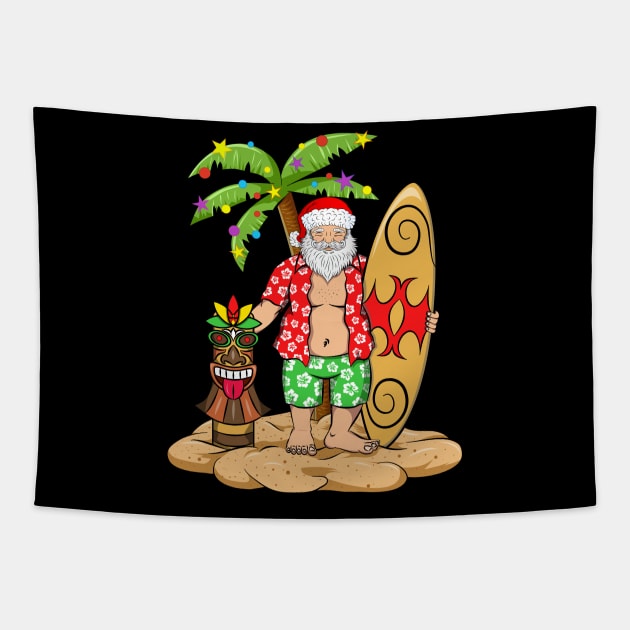 Hawaiian Christmas Santa with Surfboard and Tiki Tapestry by silentsoularts