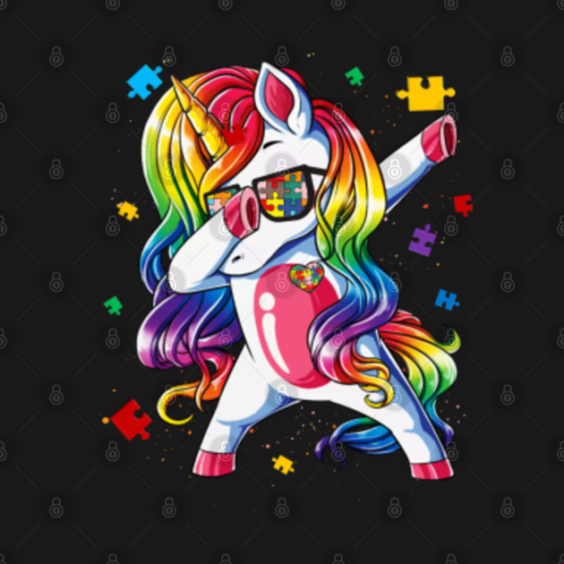 Dabbing Unicorn Autism Awareness Puzzle Heart Funny Dancing - Dabbing Unicorn Autism Awareness