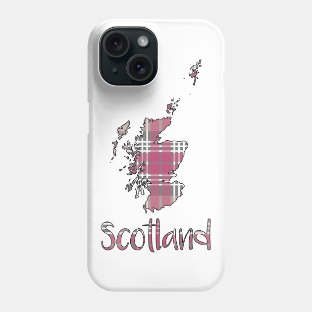 Scotland Pink, White and Grey Tartan Map Typography Design Phone Case by MacPean
