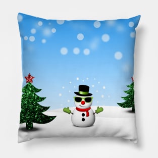 Cool Snowman and Sparkly Christmas Trees Pillow