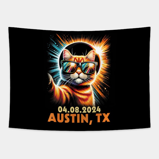 Cat Taking A Selfie Total Solar Eclipse 2024 Austin Texas Tapestry by SanJKaka