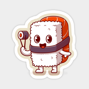 Cute Sushi Salmon Holding Chospsticks Cartoon Magnet