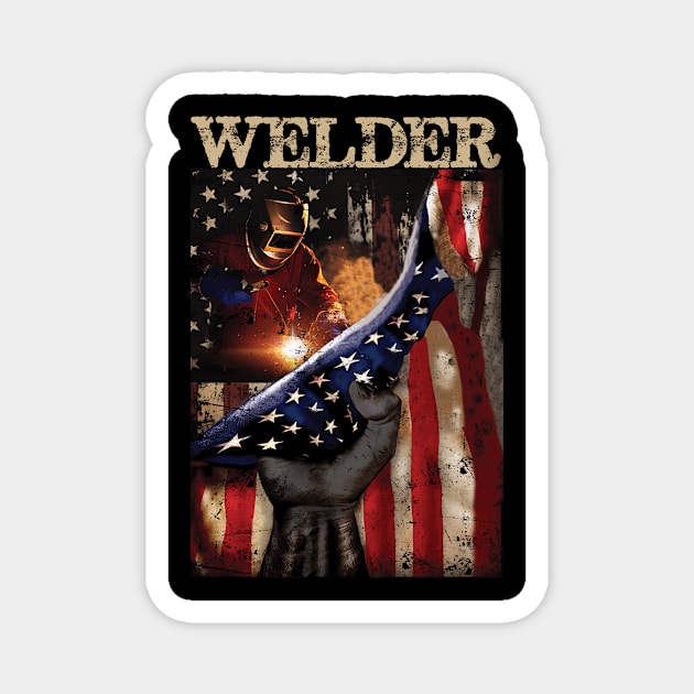 Welder American Flag Patriotic Magnet by Colorful Beach Sunset