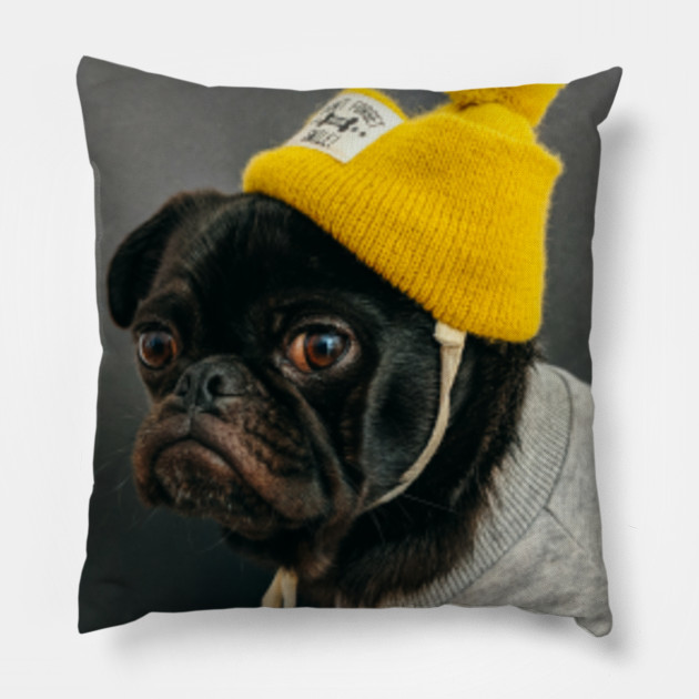 Black Pug With Yellow Beanie And Grey Sweater Black Pug Pillow