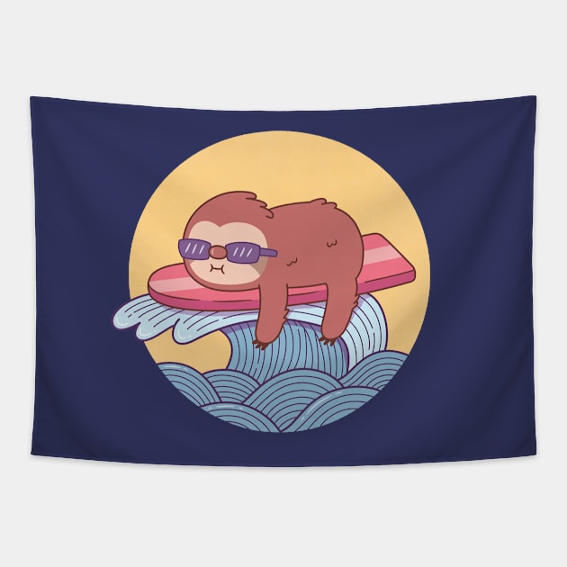 Cute Sloth On Surfboard Riding The Waves Tapestry by rustydoodle