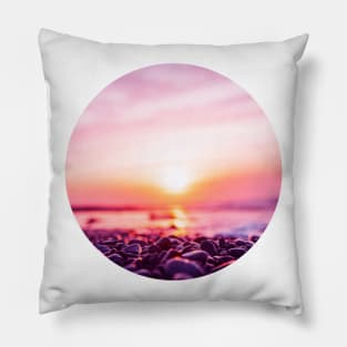 Summer Sunset Bringing Out Shades Of Pink And Orange In The Sky, Ocean And Beach Pebbles Pillow