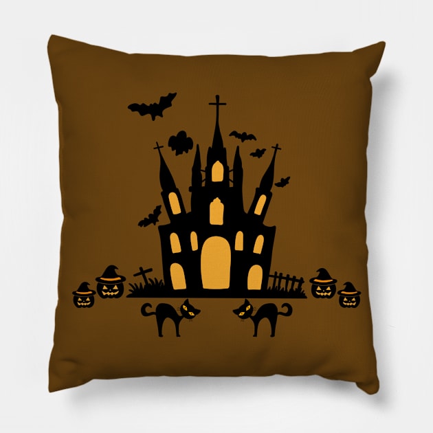 Halloween Pumpkin Black Cat Graveyard Church Pillow by BellaPixel