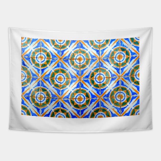 Portuguese azulejos. Orange stars with blue and white circles Tapestry by juliedawnfox