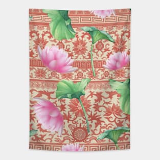 Hong Kong Lotus Pink and Green with Floral Pastel Pattern Tapestry